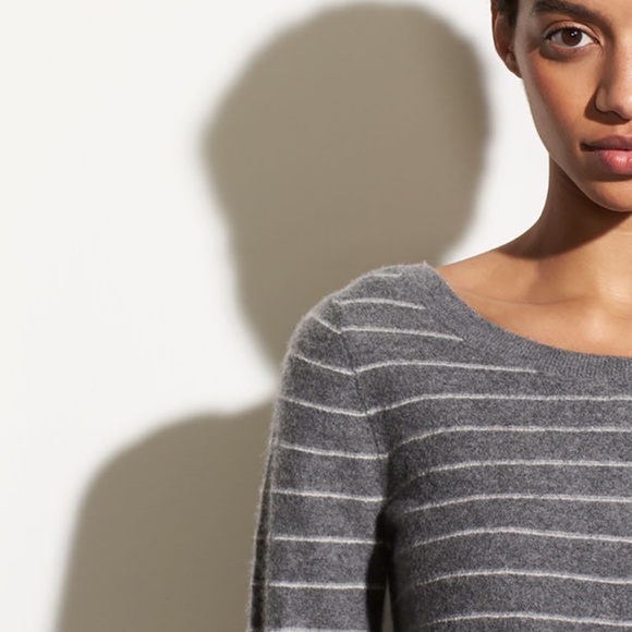VINCE NWT 100% CASHMERE STRIPED BELL SLEEVE HEATHER STONE/STERLING SWEATER. XS - Picture 4 of 15
